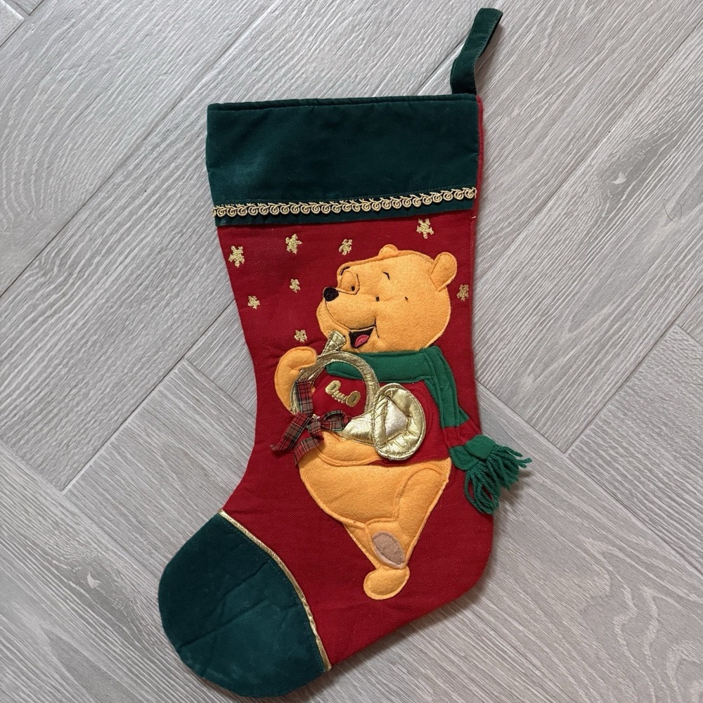 Vintage 90s  Disney Winnie The Pooh Bear 3D Christmas Stocking  Scarf Gold Horn